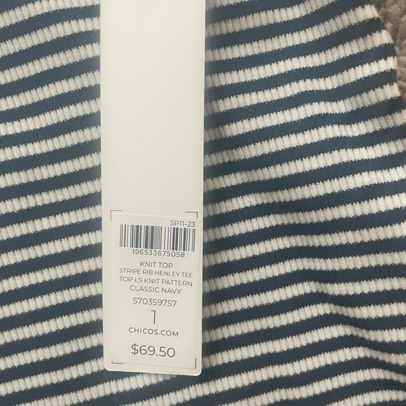 Chico's Navy and White Striped V-Neck Henley Top - Picture 3 of 7